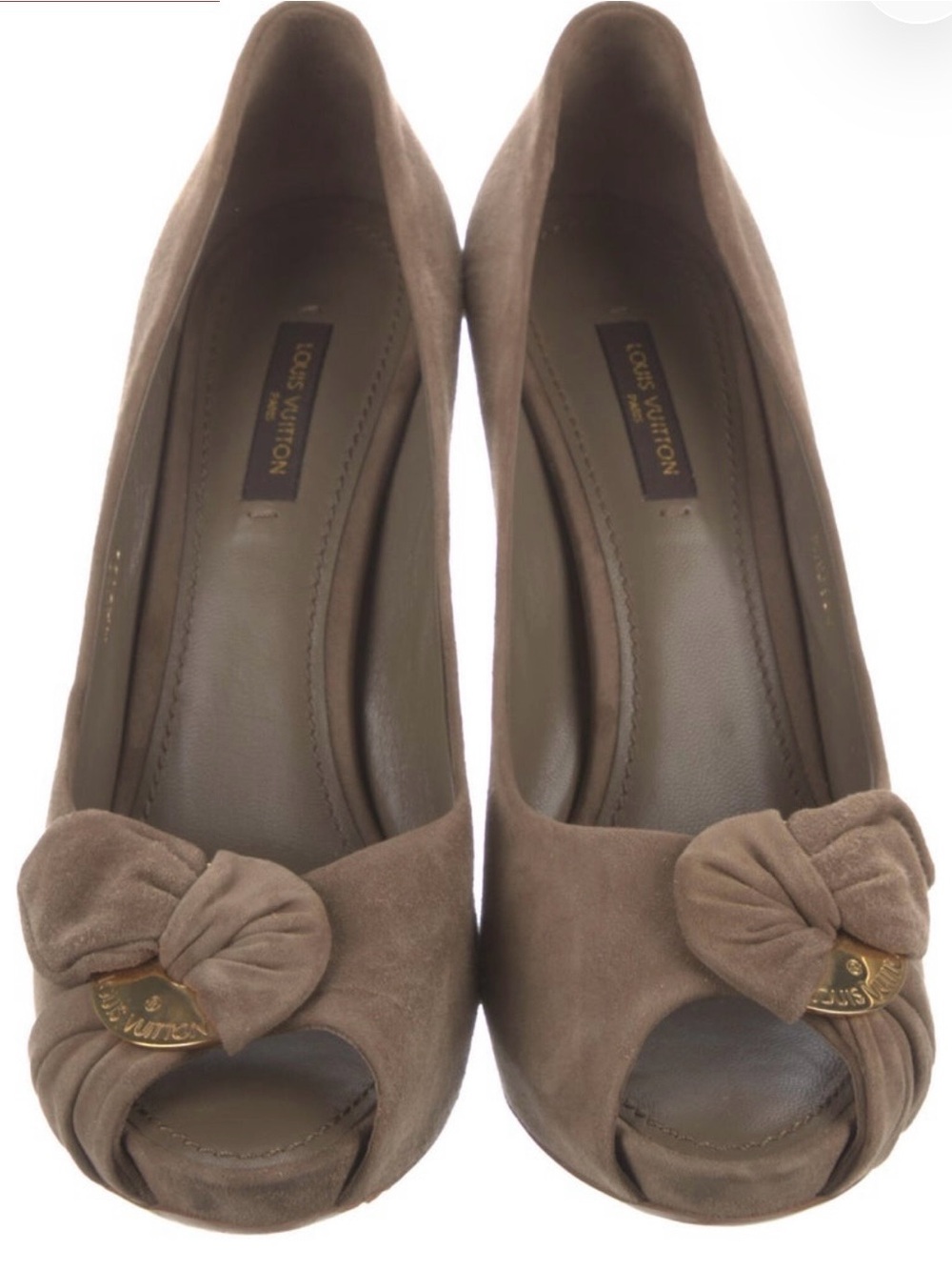 Louis Vuitton Taupe Suede Peep-Toe Heels with Bow Accent